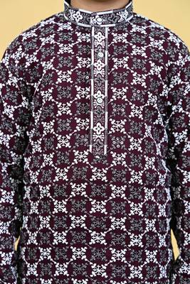 Boys viscose rayon embroidered sequinned kurta pyjama set - wine 5