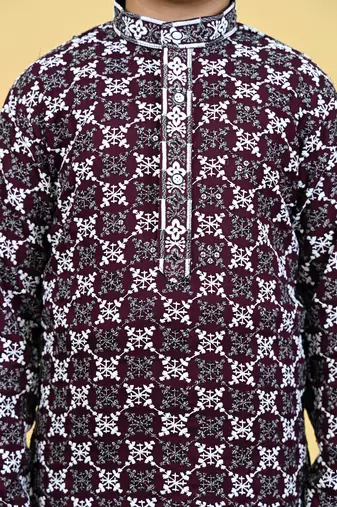 Boys viscose rayon embroidered sequinned kurta pyjama set - wine