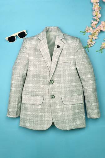 Boys lycra blend full sleeves crosshatch printed blazer - pista green