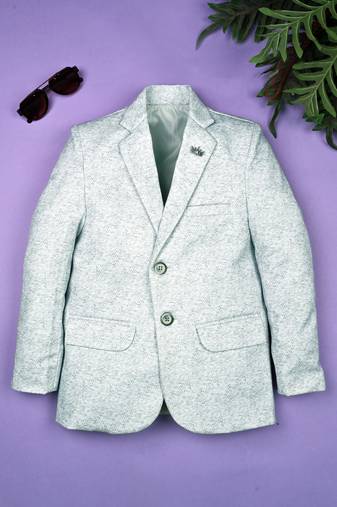 Boys lycra blend full sleeves heathered printed blazer - pista green