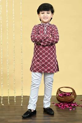 Boys viscose rayon embroidered sequinned kurta pyjama set - maroon 1