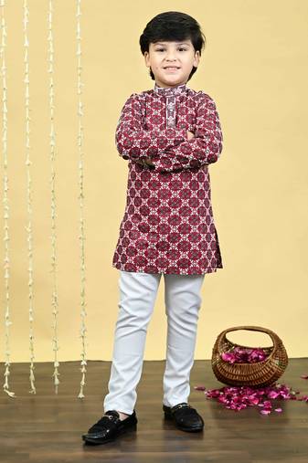 Boys viscose rayon embroidered sequinned kurta pyjama set - maroon
