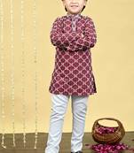Boys viscose rayon embroidered sequinned kurta pyjama set - maroon