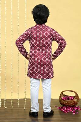 Boys viscose rayon embroidered sequinned kurta pyjama set - maroon 2