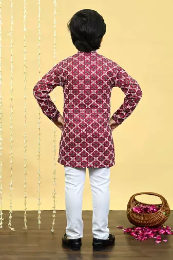 Boys viscose rayon embroidered sequinned kurta pyjama set - maroon