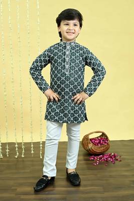 Boys viscose rayon embroidered sequinned kurta pyjama set - dark green 1