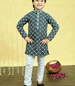 Boys viscose rayon embroidered sequinned kurta pyjama set - dark green