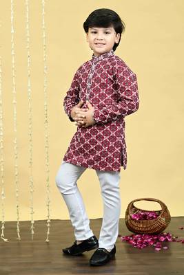 Boys viscose rayon embroidered sequinned kurta pyjama set - maroon 3