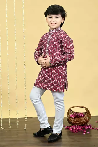 Boys viscose rayon embroidered sequinned kurta pyjama set - maroon