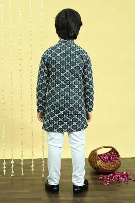 Boys viscose rayon embroidered sequinned kurta pyjama set - dark green 2