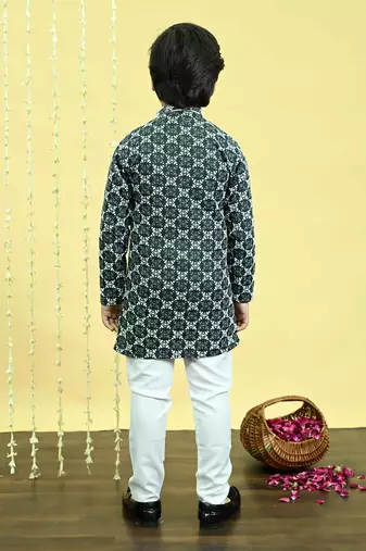 Boys viscose rayon embroidered sequinned kurta pyjama set - dark green