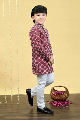 Boys viscose rayon embroidered sequinned kurta pyjama set - maroon 4