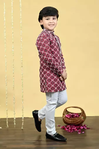Boys viscose rayon embroidered sequinned kurta pyjama set - maroon