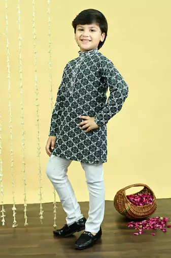 Boys viscose rayon embroidered sequinned kurta pyjama set - dark green