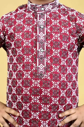 Boys viscose rayon embroidered sequinned kurta pyjama set - maroon