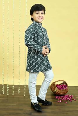 Boys viscose rayon embroidered sequinned kurta pyjama set - dark green 4