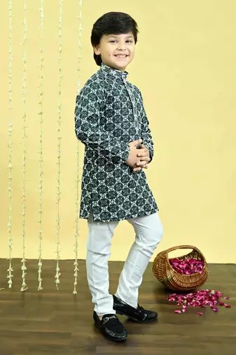 Boys viscose rayon embroidered sequinned kurta pyjama set - dark green