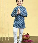 Boys viscose rayon embroidered sequinned kurta pyjama set - royal blue