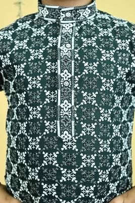 Boys viscose rayon embroidered sequinned kurta pyjama set - dark green 5