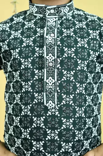 Boys viscose rayon embroidered sequinned kurta pyjama set - dark green