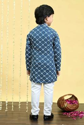 Boys viscose rayon embroidered sequinned kurta pyjama set - royal blue 2