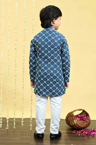 Boys viscose rayon embroidered sequinned kurta pyjama set - royal blue