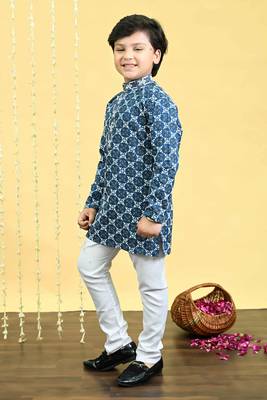 Boys viscose rayon embroidered sequinned kurta pyjama set - royal blue 3