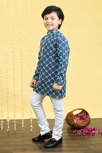 Boys viscose rayon embroidered sequinned kurta pyjama set - royal blue