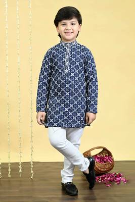 Boys viscose rayon embroidered sequinned kurta pyjama set - navy blue 1
