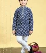 Boys viscose rayon embroidered sequinned kurta pyjama set - navy blue