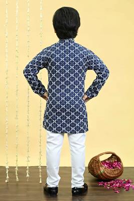 Boys viscose rayon embroidered sequinned kurta pyjama set - navy blue 2