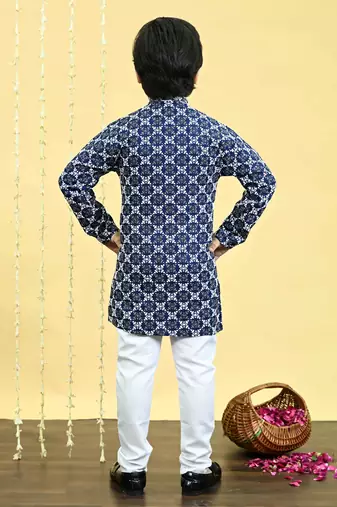 Boys viscose rayon embroidered sequinned kurta pyjama set - navy blue