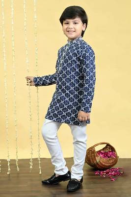 Boys viscose rayon embroidered sequinned kurta pyjama set - navy blue 3