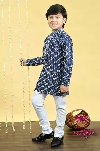 Boys viscose rayon embroidered sequinned kurta pyjama set - navy blue