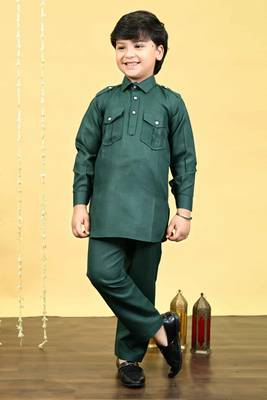 Boys cotton blend pathani kurta with salwar set - dark green 1