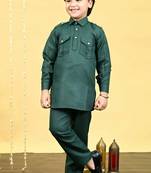 Boys cotton blend pathani kurta with salwar set - dark green