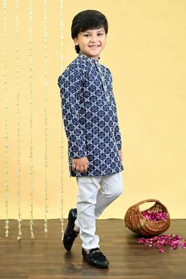 Boys viscose rayon embroidered sequinned kurta pyjama set - navy blue 4