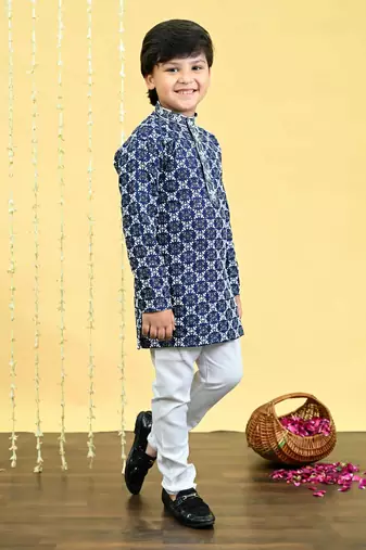 Boys viscose rayon embroidered sequinned kurta pyjama set - navy blue