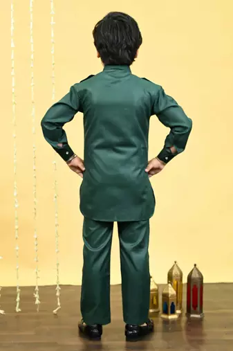 Boys cotton blend pathani kurta with salwar set - dark green