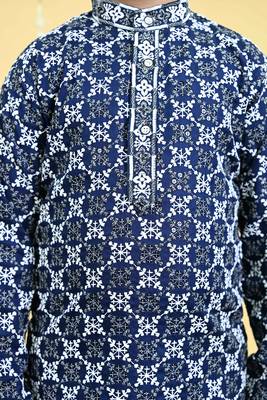 Boys viscose rayon embroidered sequinned kurta pyjama set - navy blue 5