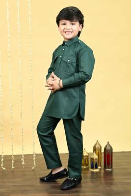 Boys cotton blend pathani kurta with salwar set - dark green 3