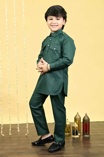 Boys cotton blend pathani kurta with salwar set - dark green