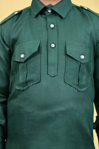 Boys cotton blend pathani kurta with salwar set - dark green