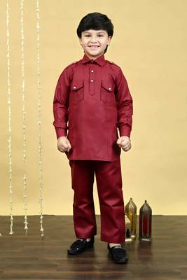 Boys cotton blend pathani kurta with salwar set - maroon 1