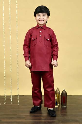 Boys cotton blend pathani kurta with salwar set - maroon
