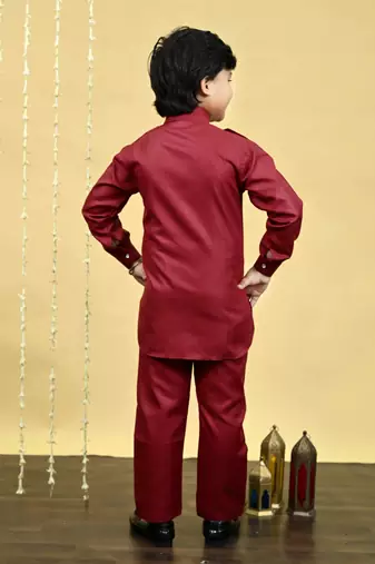 Boys cotton blend pathani kurta with salwar set - maroon