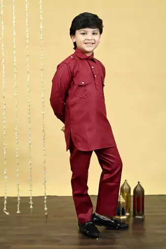 Boys cotton blend pathani kurta with salwar set - maroon