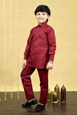 Boys cotton blend pathani kurta with salwar set - maroon 4