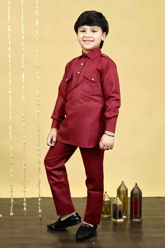 Boys cotton blend pathani kurta with salwar set - maroon