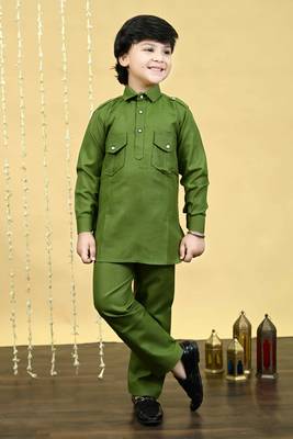 Boys cotton blend pathani kurta with salwar set - mehandi 1